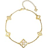 Sinebella Womens 20K Gold Plated Bracelet White Shell Zirconia Adjustable Chain Link Bracelets Four Leaf Flower Dainty Chain Clover Bracelet Jewelry