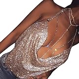 Mikey Store Women V-neck Halter Backless Chain Sequined Tank Vest (Free Size, Rose Gold)