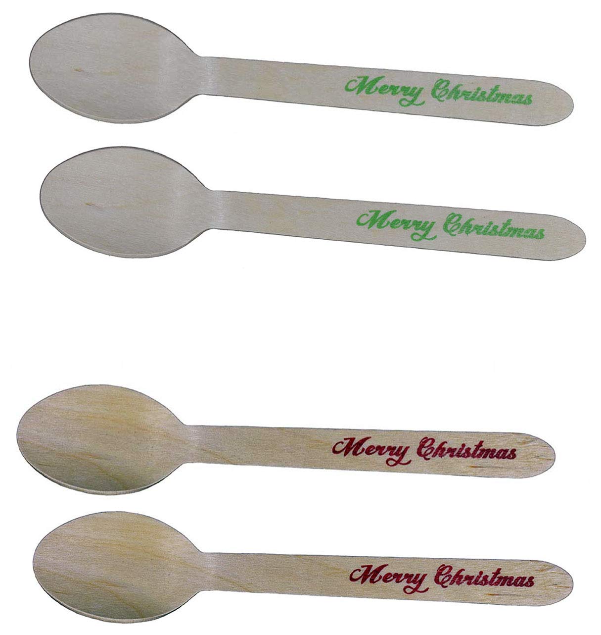 Disposable Wooden Spoons with Merry Christmas Print - 24 pack of Red & 24 pack of Green