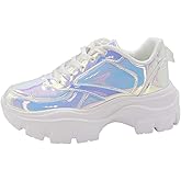 LUCKY STEP Women Chunky Platform Dad Colorblock White Neon Green Fuchsia Hologram Silver Casual Lace-Up Walking Sneakers
