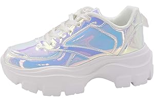 LUCKY STEP Women Chunky Platform Dad Colorblock White Neon Green Fuchsia Hologram Silver Casual Lace-Up Walking Sneakers