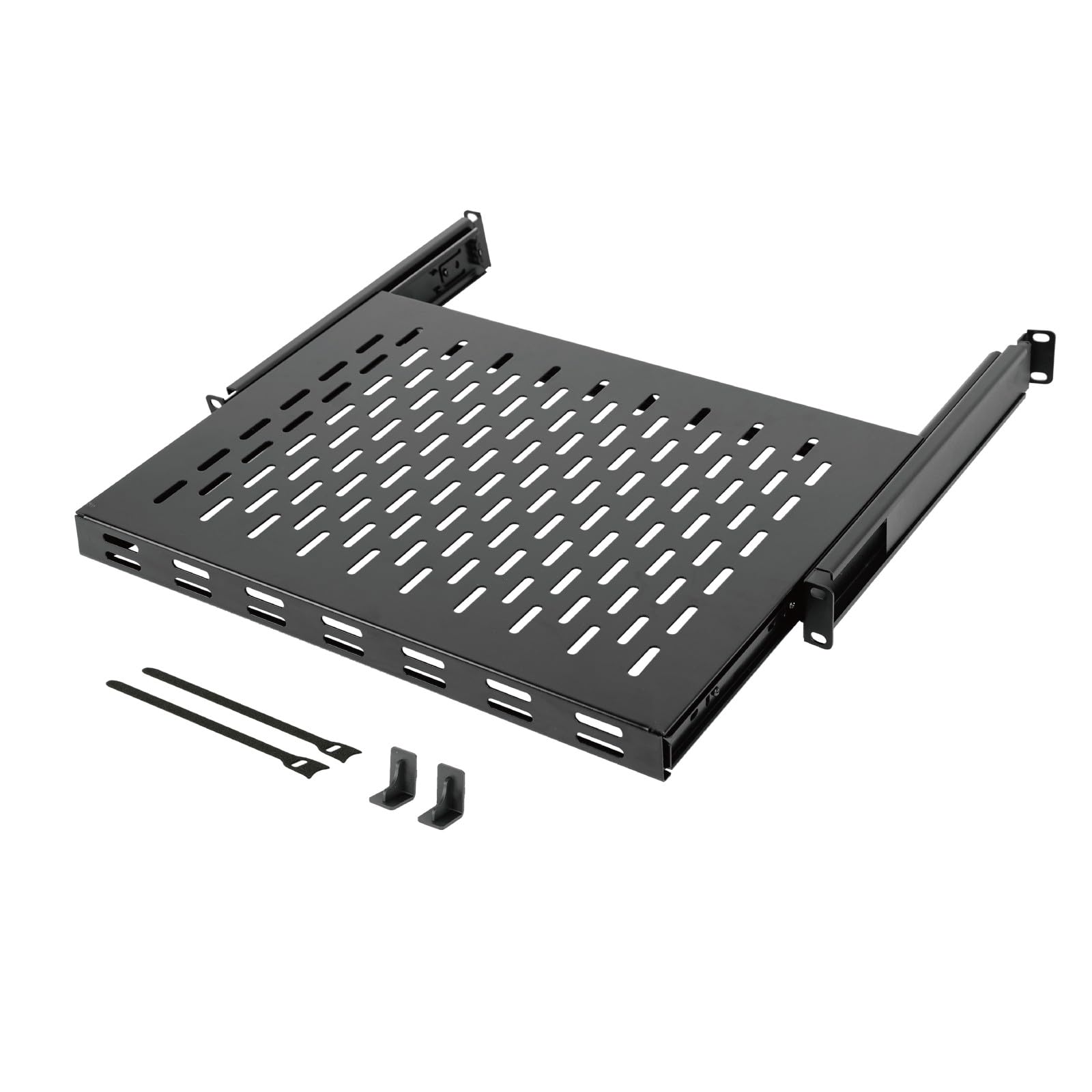 Photo 1 of Tecmojo 1U Sliding Rack Shelf,4-Post Vented Rack Mount Shelf,13.8in Deep with Adjustable Mounting Depth 13.8-19.7in,Supports to 110lbs,for 19 Inch AV/Network Equipment Rack,Unassembled,Black