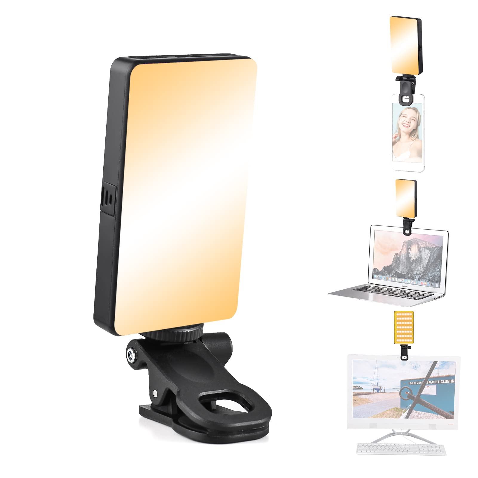 Andoer W140 ED Video Light, LED Selfie Light with Front & Back Phone Clip, 2500K-6500K Dimmable Video Conference Light for Phone/Tablet/Laptop, Online Meeting Live Streaming Selfie