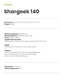 SHARGEEK 140 Power Bank, 140W Output 20000mAh