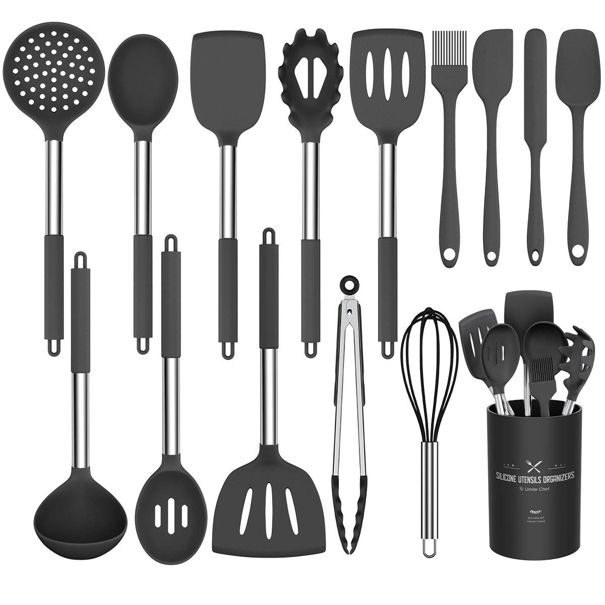 Silicone Cooking Utensil Set, Umite Chef 15pcs Silicone Cooking Kitchen Utensils Set, Non-stick - Best Kitchen Cookware with Stainless Steel Handle - Black Kitchen Utensils Image
