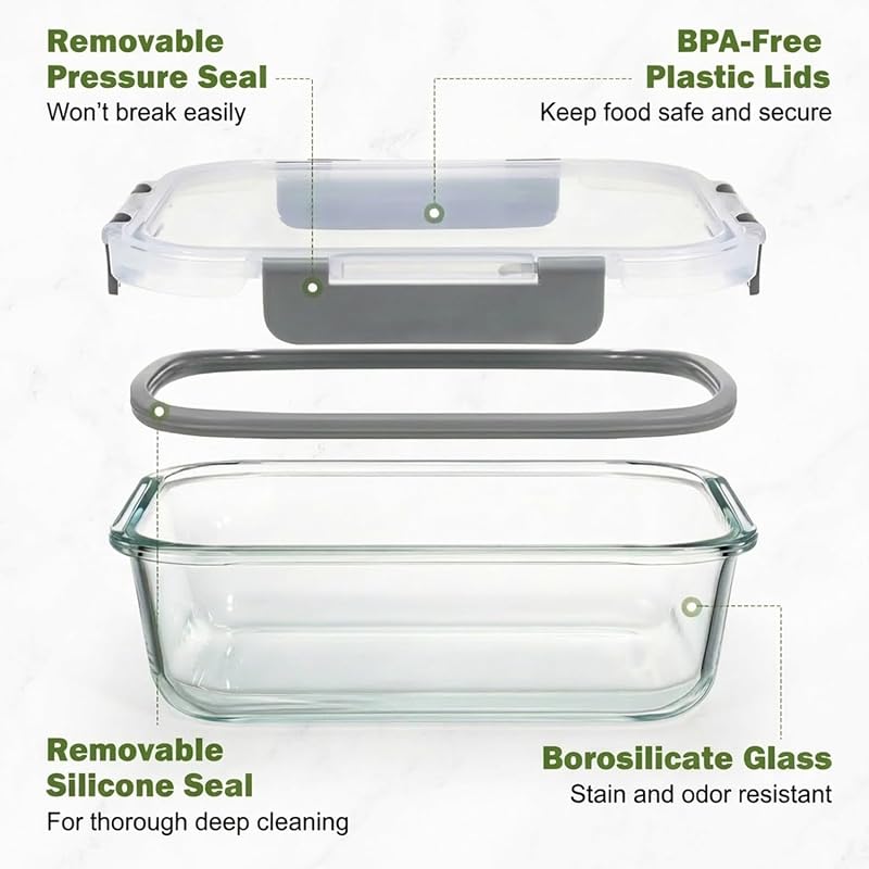 Recipientes de vidro de borosilicato para alimentos, conjunto de 2 peças para preparação e armazenamento de refeições (1040ml), recipientes herméticos para micro-ondas e máquina de lavar loiça, sem BPA — foto 2 de 8