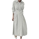 Ladyful Striped Shirt Dress for Womens Casual Long Sleeve Elegant Maxi Dress Khaki