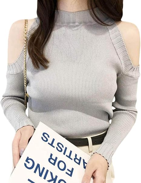 Amazon Shuming セーター レディース スリム オフショルダー ニット プルオーバー 長袖 クルーネック ニットセーター 着痩せ 肩出し セクシー トップス ファッション 秋 冬 Freeサイズグレー セーター 通販