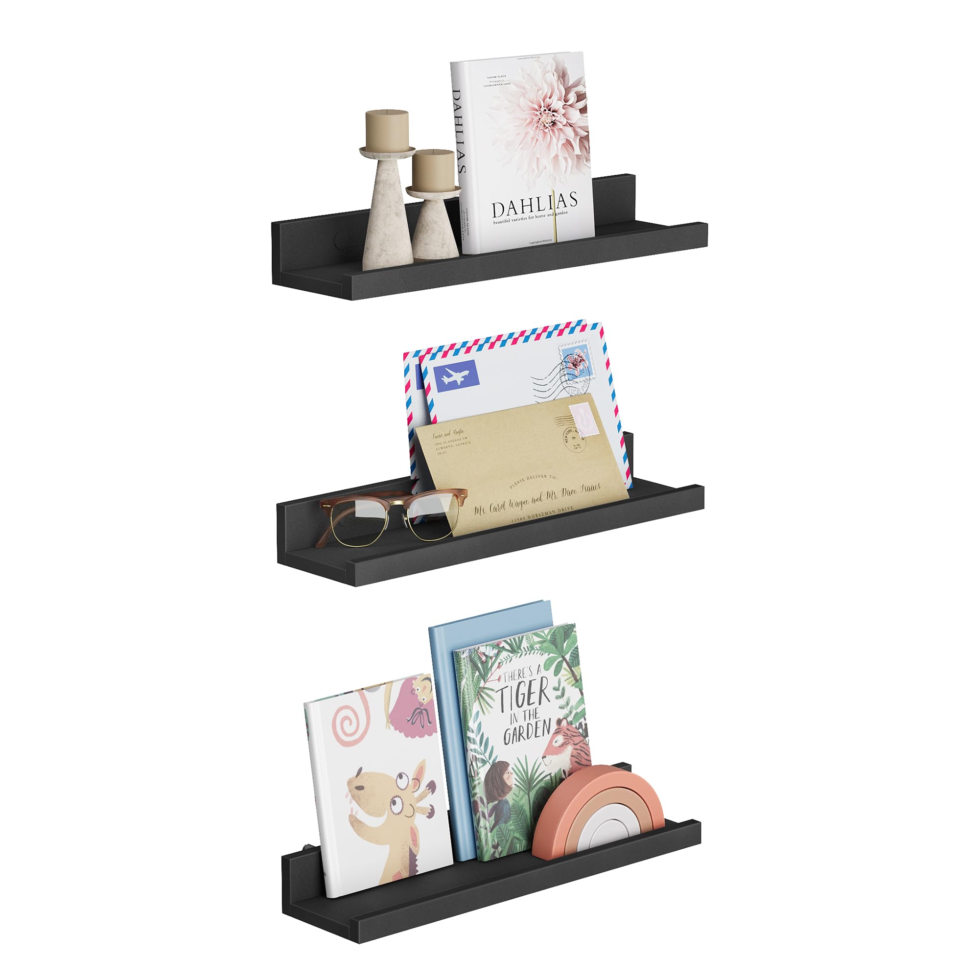 Photo 1 of SONGMICS Floating Shelves, Set of 3 Wall Shelves, 15-Inch Wide, for Photo Frames and Trinkets, for Living Room, Home Office, Kitchen, Bathroom, Black ULWS38BK
