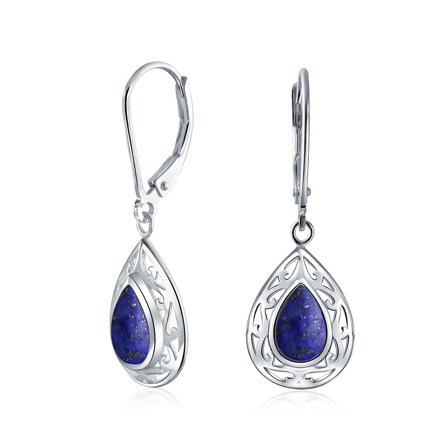 Western Style Blue Lapis Lazuli Pear Shaped Lever Back Scroll Filigree Teardrop Drop Dangle Earrings For Women .925 Sterling Silver