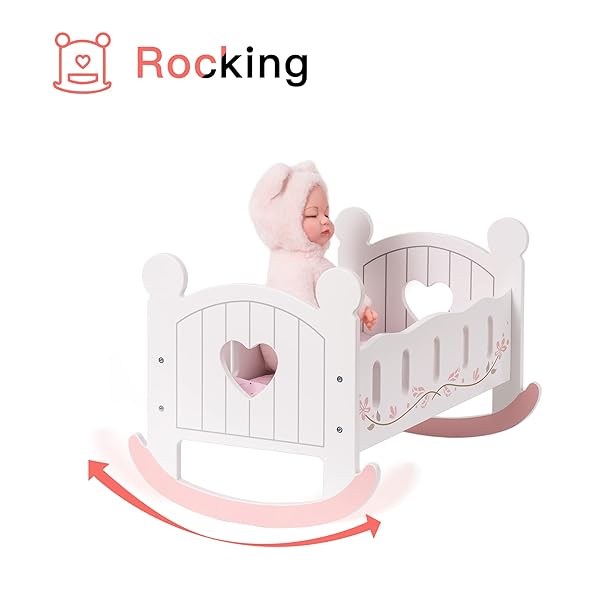 ROBOTIME WOODEN PLAY DOLL CRADLE ROCKING BABY DOLL CRIB, REVERSIBLE DOLL BEDDING FOR TODDLER GIRL,FITS DOLLS UP TO 20 INCHES (WHITE)