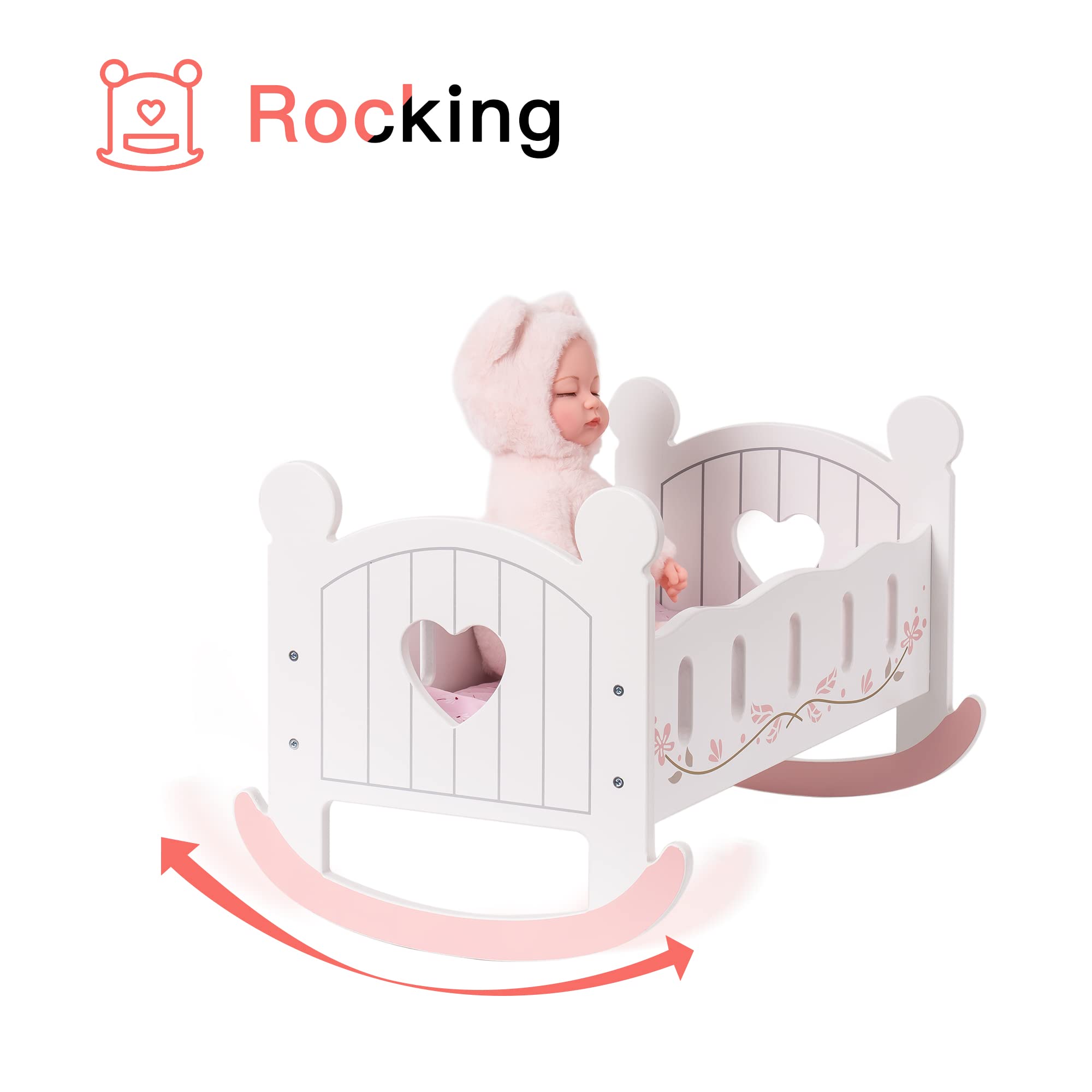 ROBOTIME Wooden Play Doll Cradle Rocking Baby Doll Crib, Reversible Doll Bedding for Toddler Girl,Fits Dolls Up to 20 Inches (White)