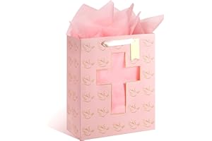 Sawnfay Pink Gift Bag - 10" x 5" x 13", Baptism Gifts For Girl, First communion, Confirmation gifts for teen girls, Christening, Religious Events, with Cross cut window Design and Tissue Paper