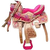 Pink Western Miniature Horse Trail Mini Saddle Floral Tooled Tack Set Seat 8" for Kids Youth Children with Headstall Breast Collar Reins KIDS-023