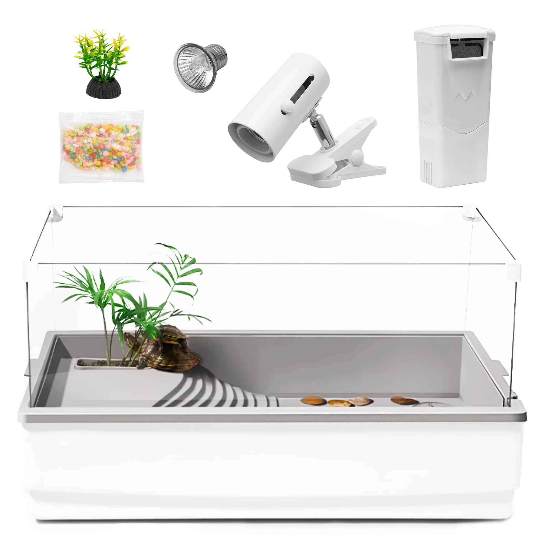 Photo 1 of Turtle Tank Aquarium, Reptile Tank Habitat Kit, Acrylic Turtle Tank Starter Kit with Multi-Function Area, Water Filter, UV Basking Platform Light for Turtles, Cray, Fish, Small Reptiles