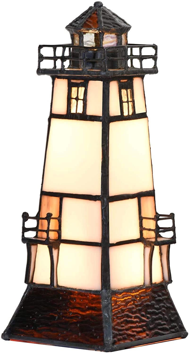 Bieye L30727 Lighthouse Tiffany Style Stained Glass Accent Table Lamp Night Light for Home Decoration (Brown 2, 5" x 5" x 9")