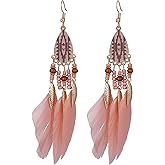 MALOYANVE Punk Vintage Long Tassel Feather Earrings for Women Bohemian Handmade Natural Pendant Earring Fish Hook Earrings Vintage Boho Multicolor Tassel Feathers Dangle Drop Earrings Jewelry