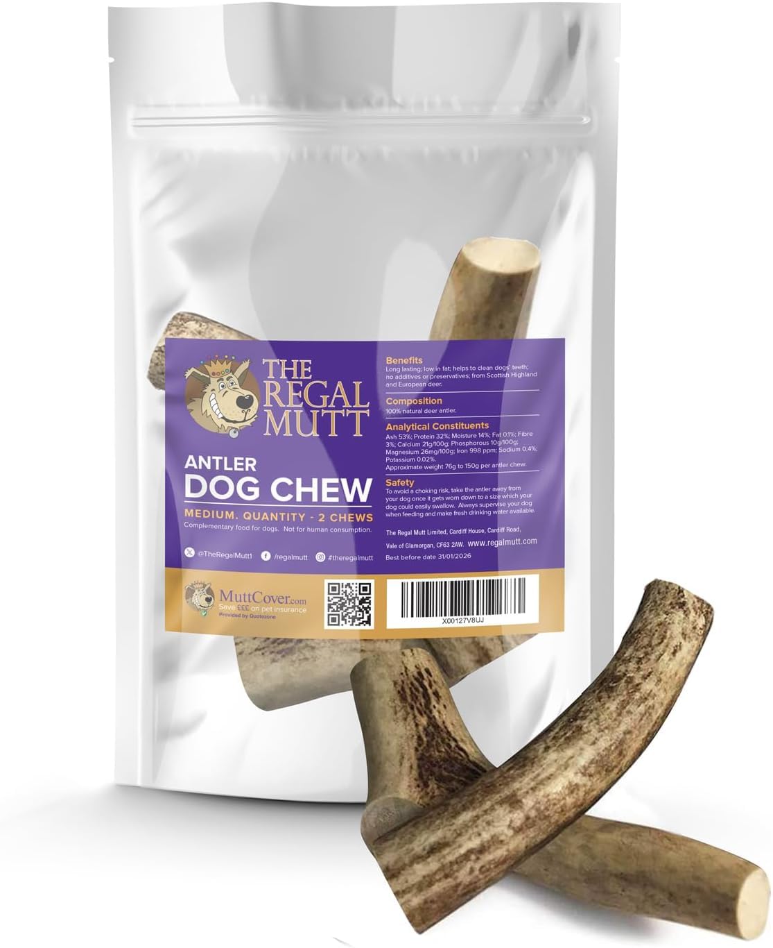 The Regal Mutt - Antler Chews - Medium - Bag of 2