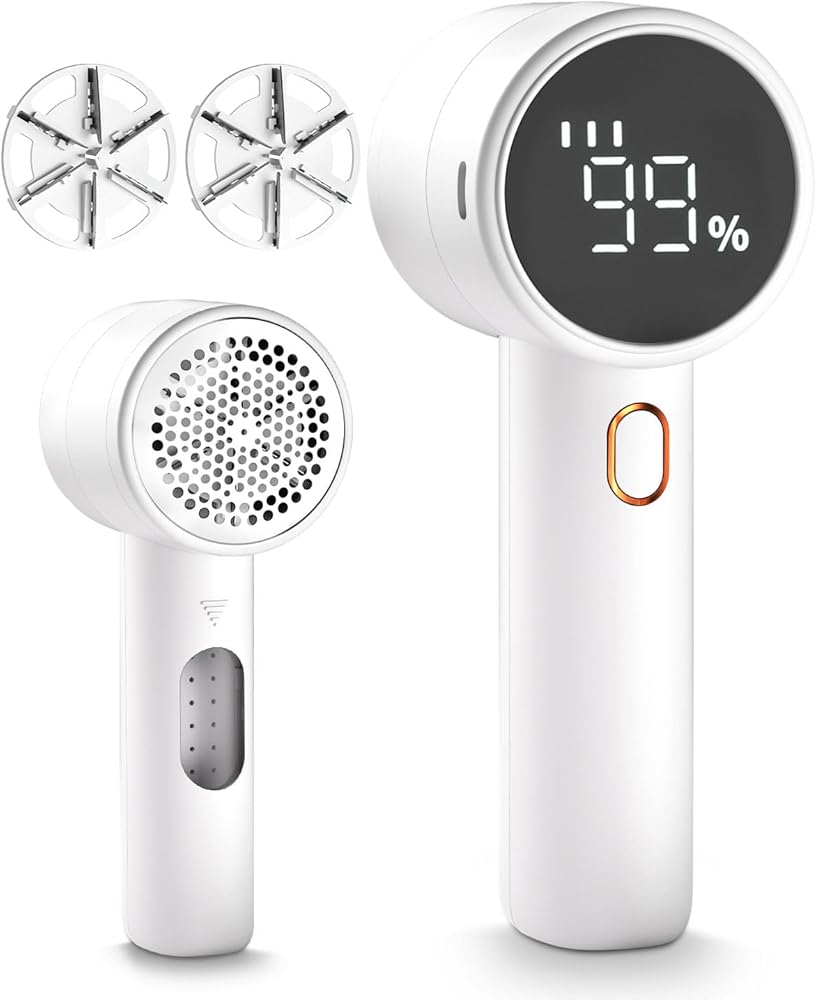 Fabric Shaver, Lint Remover Rechargeable, Electric Portable Sweater Defuzzer with 3 Speeds, 6 Leaf Blades, Digital LED Displa