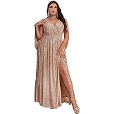 Women's Plus Size Flare Sleeve V Neck Side Split Sequin Formal Prom Dress