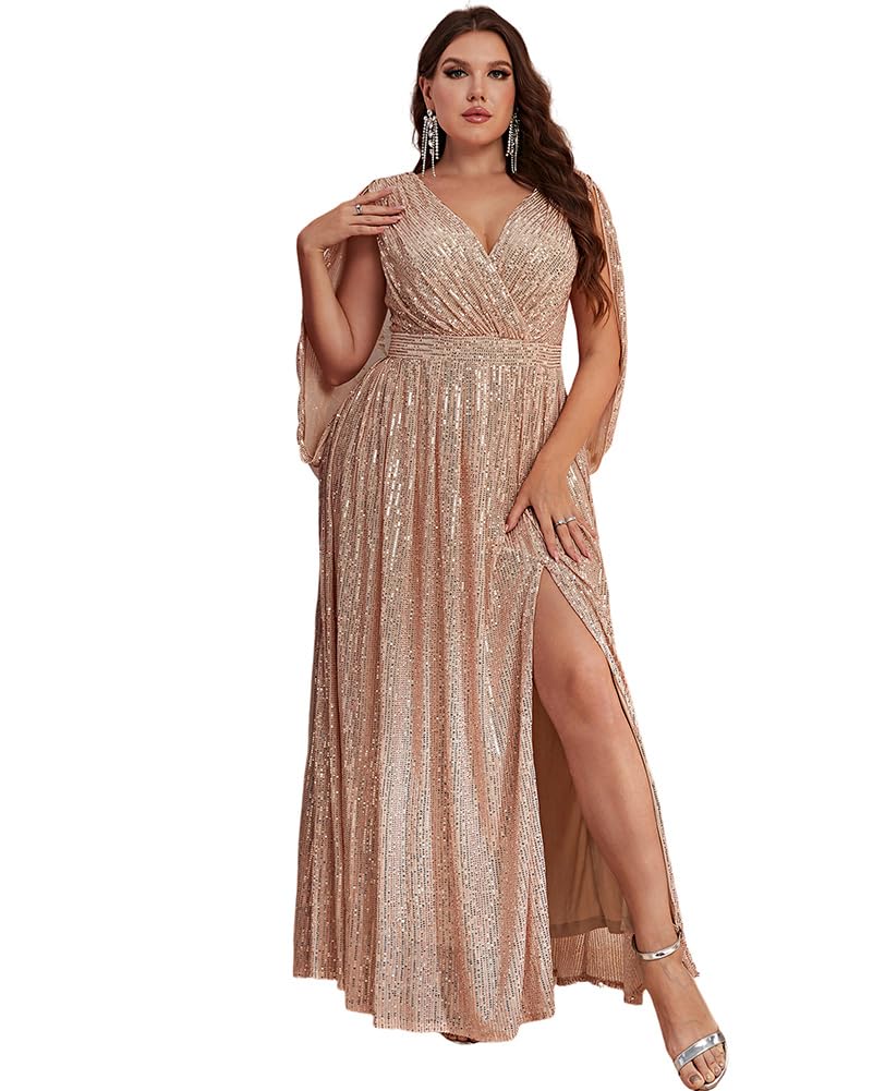 Photo 1 of Women's Plus Size Flare Sleeve V Neck Side Split Sequin Formal Prom Dress Gold