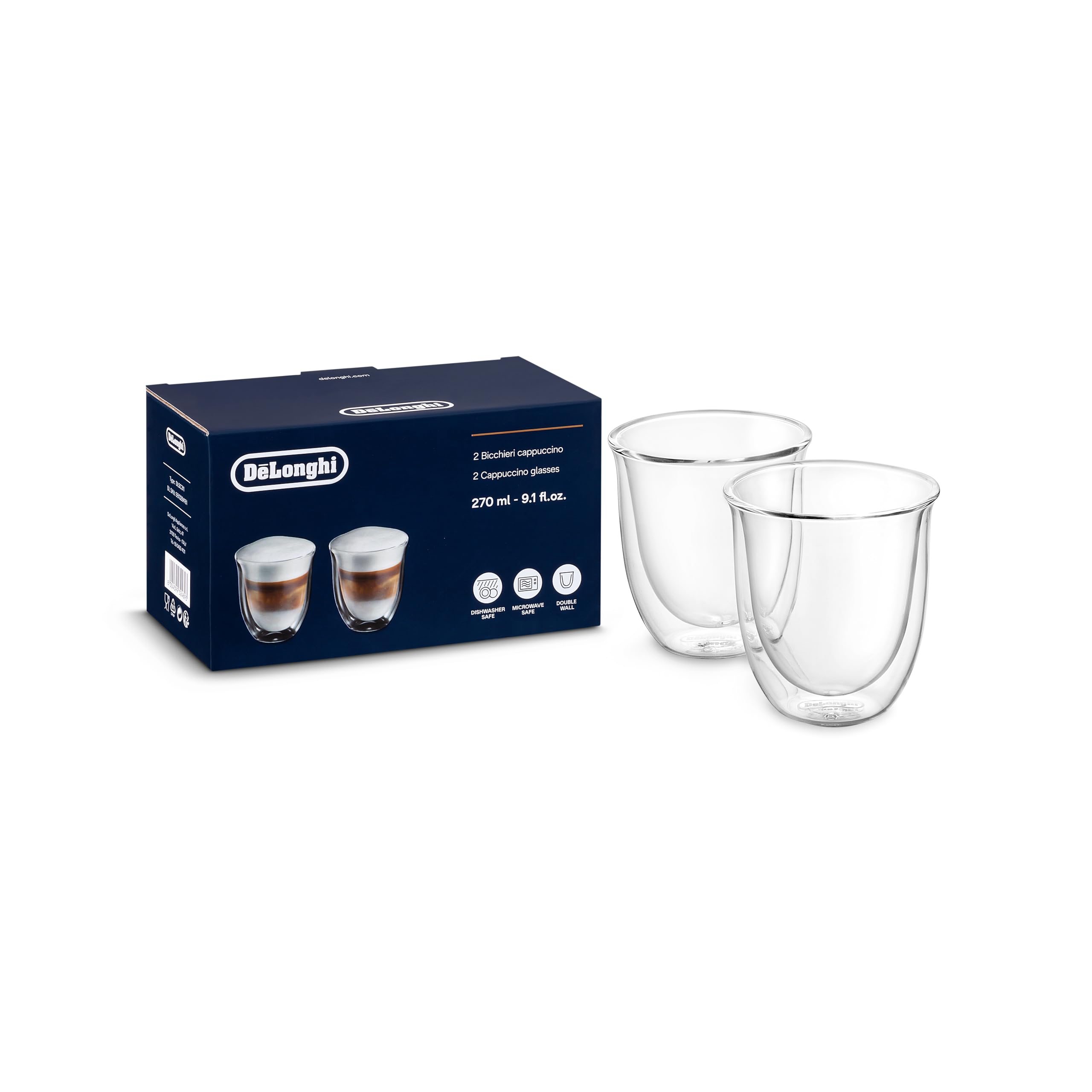 De'Longhi DLSC311 Cappuccino Glasses, 5513284161 Transparent, 2 Glasses per Pack