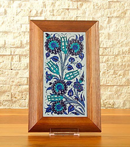 Handmade Handpainted Turkish Ottoman Design Wall Art Ceramic Tile With Natural Wood Frame