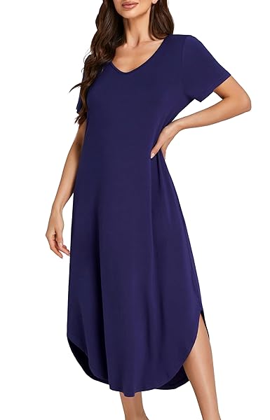 KIFOVEN WOMEN’S V NECK SHORT SLEEVE NIGHTDRESS SIDE SLIT IRREGULAR NIGHTGOWNS NAVY BLUE X-LARGE