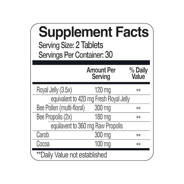 BEE AND YOU ROYAL JELLY + PROPOLIS + BEE POLLEN CHEWABLE TABLETS – HIGH POTENCY – NO ARTIFICIAL FLAVOR/PRESERVATIVES – NO ADDED SUGAR- NO SOY/MILK/GELATIN/GMO/GLUTEN, 500 MG X 60 TABLETS