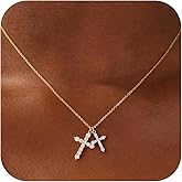 Fimhut Cross Necklace 14K Gold/Silver Plated Double Cross Pendant Necklace Dainty Diamond Cross Charm Link Chain Choker Delicate Faith Jewelry Religious Gifts for Women,Valentine's Day Gift