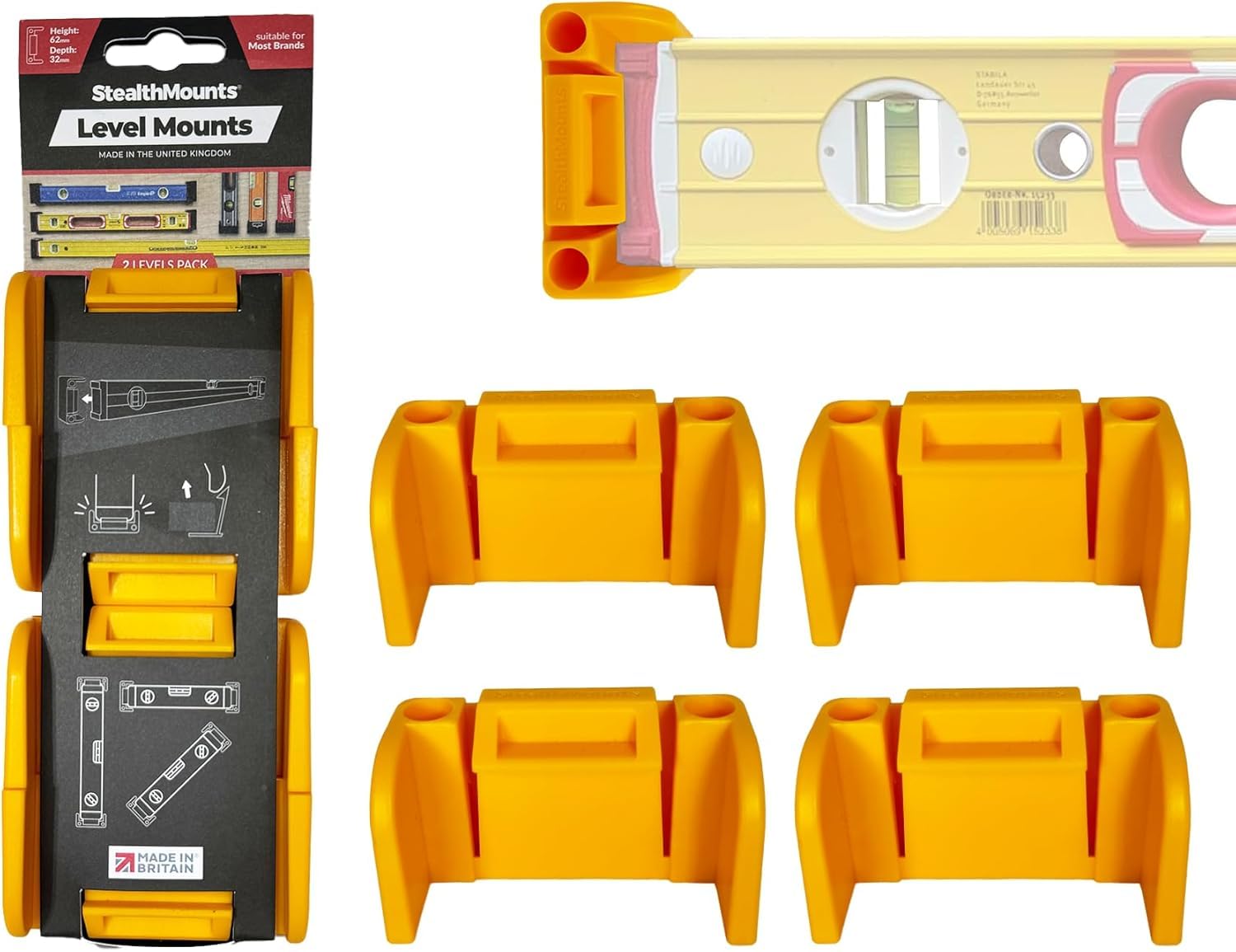 StealthMounts Universal Level Holder | Yellow | 2 Pack | Locking Level Mounts | Fits All Brands | Perfect for Level Storage