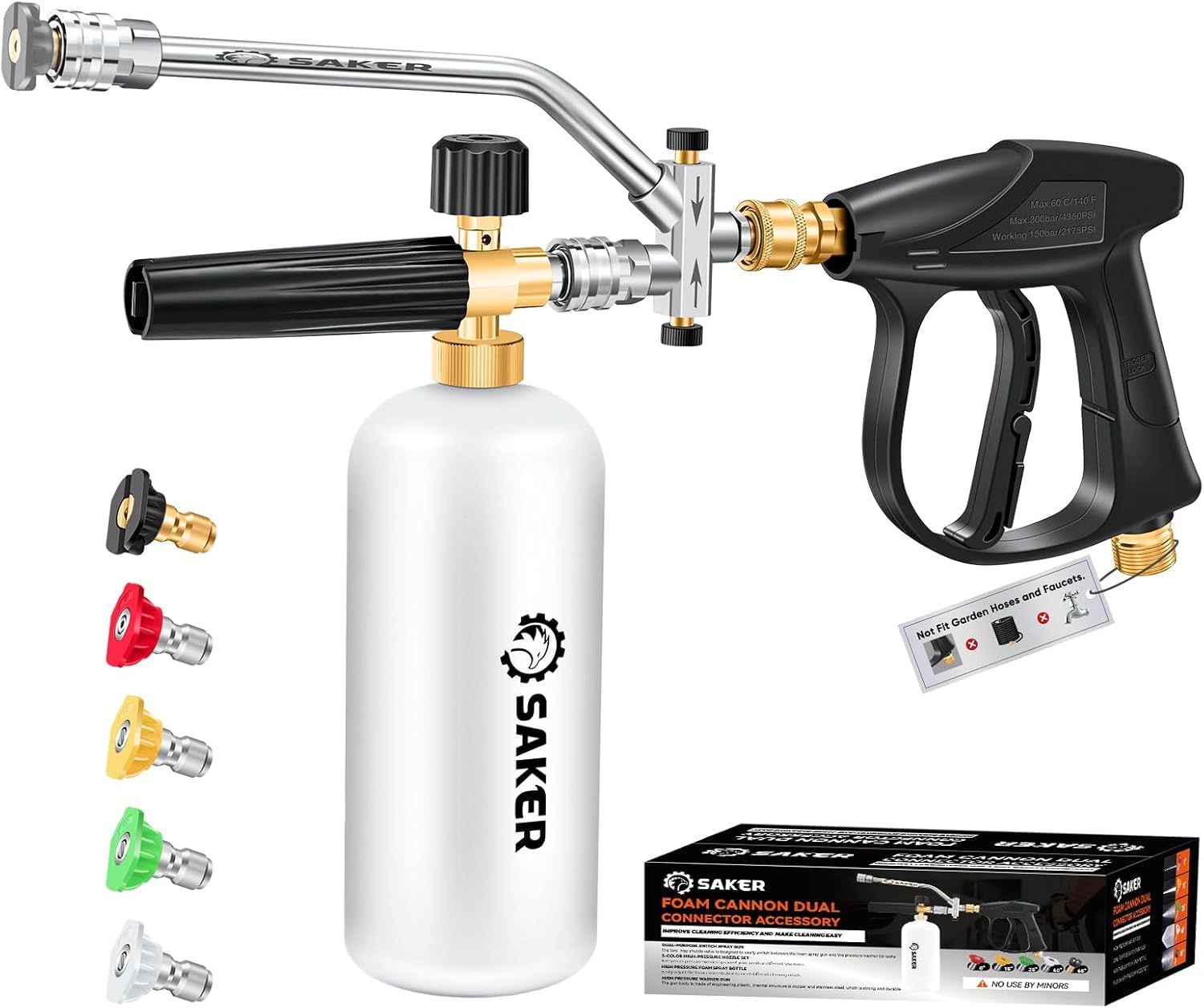 Photo 1 of Saker Foam Cannon Dual Connector Accessory for Pressure Washer Kit,with Foam Cannon Dual Connector,Pressure Washer Gun for Car Washing and Cleaning,5 Power Washer Sprayer Nozzles