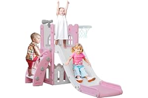LulliSpace 6 in 1 Toddler Slide,Kids Playset for Toddlers Indoor Outdoor, Baby Slide with Basketball Hoop, Telescope & Storage Space,Non-Slip Steps for Great Gift
