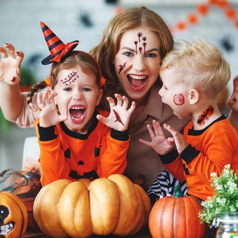 136Pcs Halloween Decorations Indoor, Scary Bloody Handprints Wall Decals Pumpkin Eyeballs Skull Window Stickers with Tattoos for Home Bedroom Floor Bathroom Door Decor (Red Handprints Footprints)