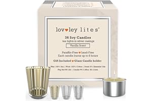 Lovley Lites Soy Tealight Candles Vanilla - 36 Premium Long Burning 1 Inch Tall Tea Lights Scented with Complimentay Glass Ca