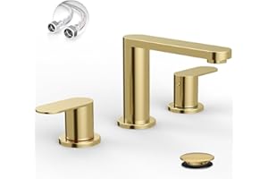 BWE Brushed Gold Bathroom Faucet 3 Hole, 8 Inch Widespread Gold Bathroom Faucets with Pop-up Drain and Supply Lines, 360° Swivel Spout 2-Handle Sink Faucet for Bath Vanity