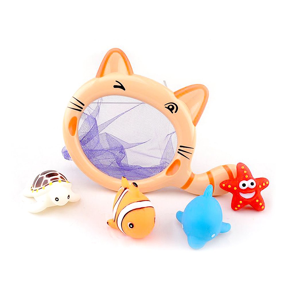 Beach Water Fishing Set Baby Bath Toys Catch Bath Time Fishing Set,Including Cute Floating Squirt Animals with Cat Net,Funny Baby Bathtub Toys Shower Gift Paly Sets(5 pcs/1 Pack,Random Color)