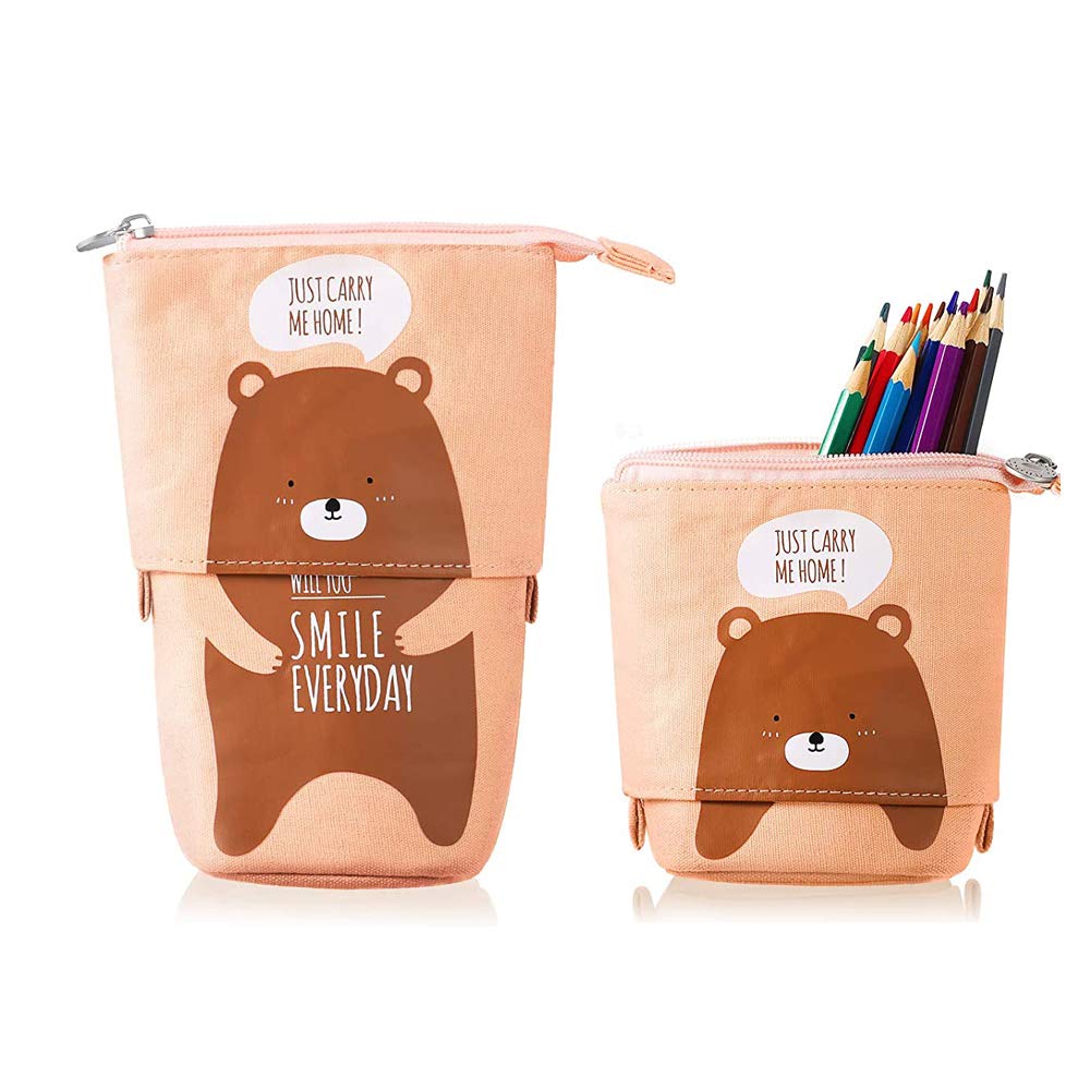 1 Pc of Telescopic Canvas Pencil Pouch, Pencil Case Transformer, Canvas Telescopic Pencil Cases, Stand Up Pencil Holder, Cartoon Zipper Pencil Pouch, Pen Case Box Storage Stationery Bags, Pink Bear