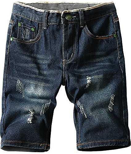 Men’s Vintage Ripped Holes Destressed Mid Rise Denim Jeans Cargo Board Shorts, Dark Blue, US 28
