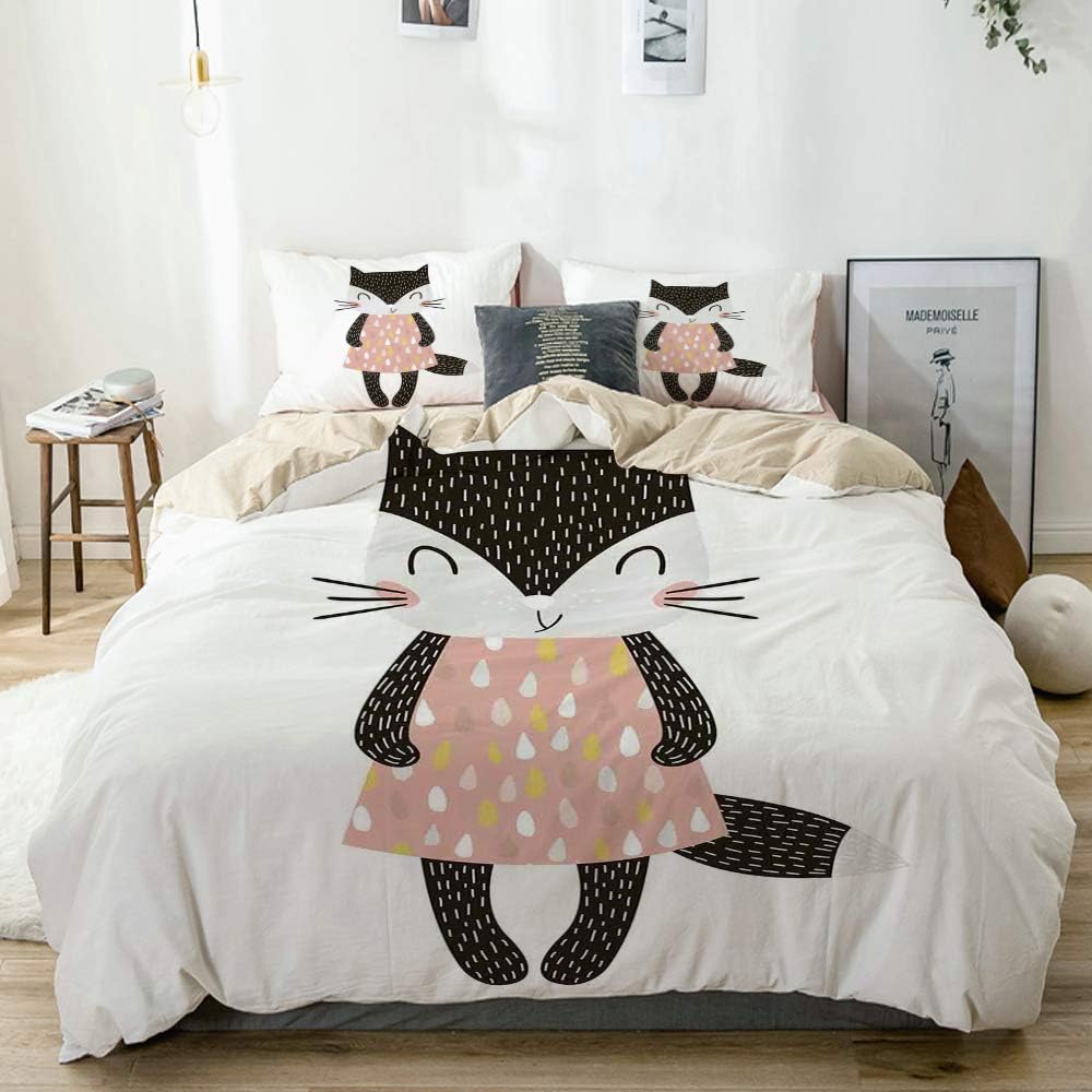 YOLIKA Duvet Cover Set Cute Feline Girl in a Raindrop Shapes Pattern Dress Hand Drawn Nursery Themed Animal Beige Decorative 3 Piece Bedding Set with 2 Pillow Shams King Size
