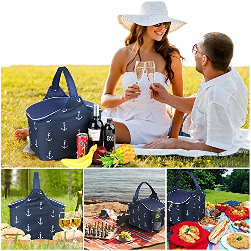 YONOVO 20L Folding Picnic Basket Large Insulated Bag Waterproof for Gathering Travel Camping BBQ (Blue-Anchor Motif) - Thumbnail 5