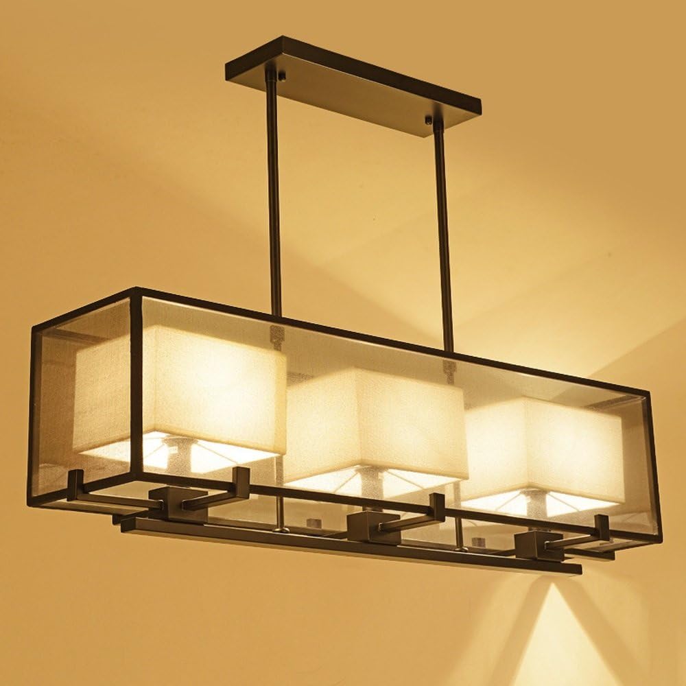 Chinese style Iron style dining room pendant light Antique Iron rectangular cloth Chinese modern with lamps ZS138 ( Size : Black 88 x 48cm )
