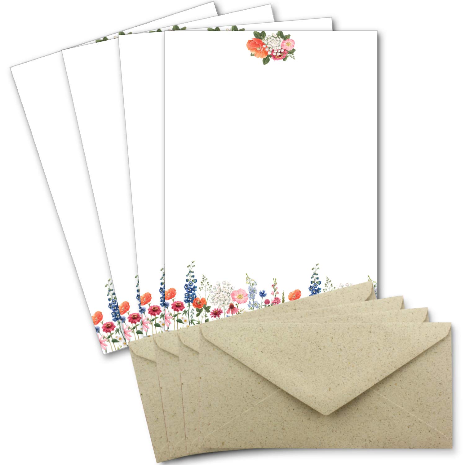 25 Letter Paper Sets DIN A4 – Colourful Flower Meadow Motif on Natural Paper – with Envelopes DIN Long Made of Ecological Grass Paper – Printable – Ideal for Wedding Invitations