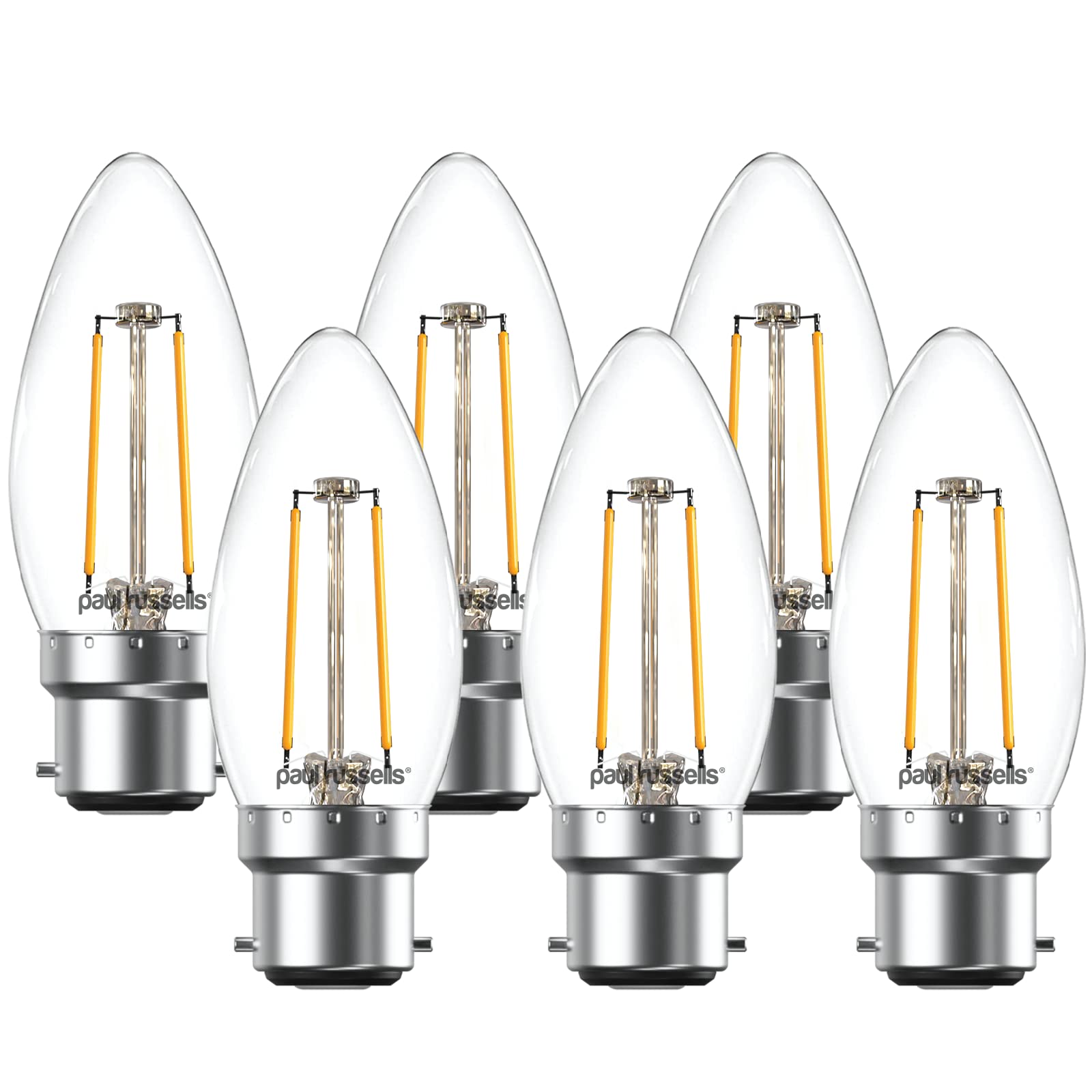 paul russells LED Candle Filament Light – 2.5W 25W Equivalent Replacement, 250LM Lumens, 2700K Warm White, BC B22 Bayonet Cap C35 Bulbs – Bright Energy Saving Non-Dimmable Lamps - Pack of 6