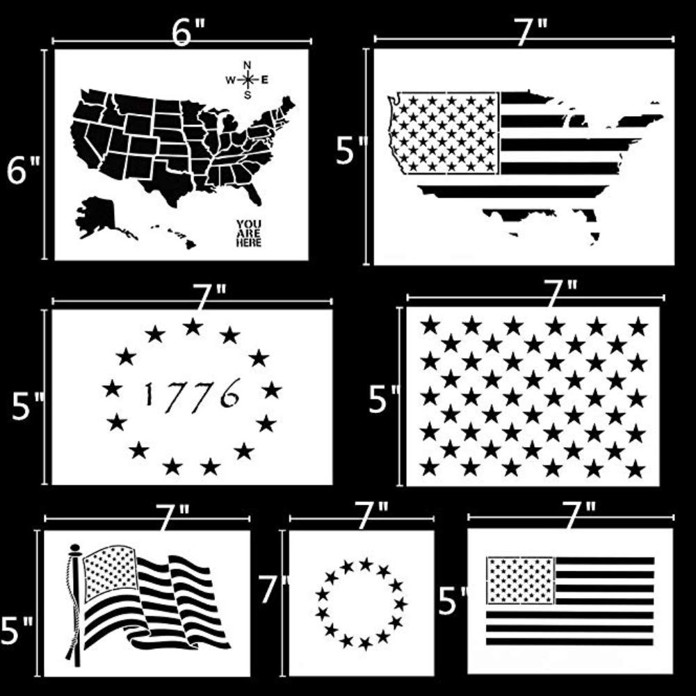 USTOP Plastic Stencil Template, 7PCS Stars U.S 50 Star Maps Flags 13 Star 1776 Stencils for Journal, Planner, Notebook, Wood, Paper, Fabric, Glass, and Wall Art Graffiti Drawing Painting