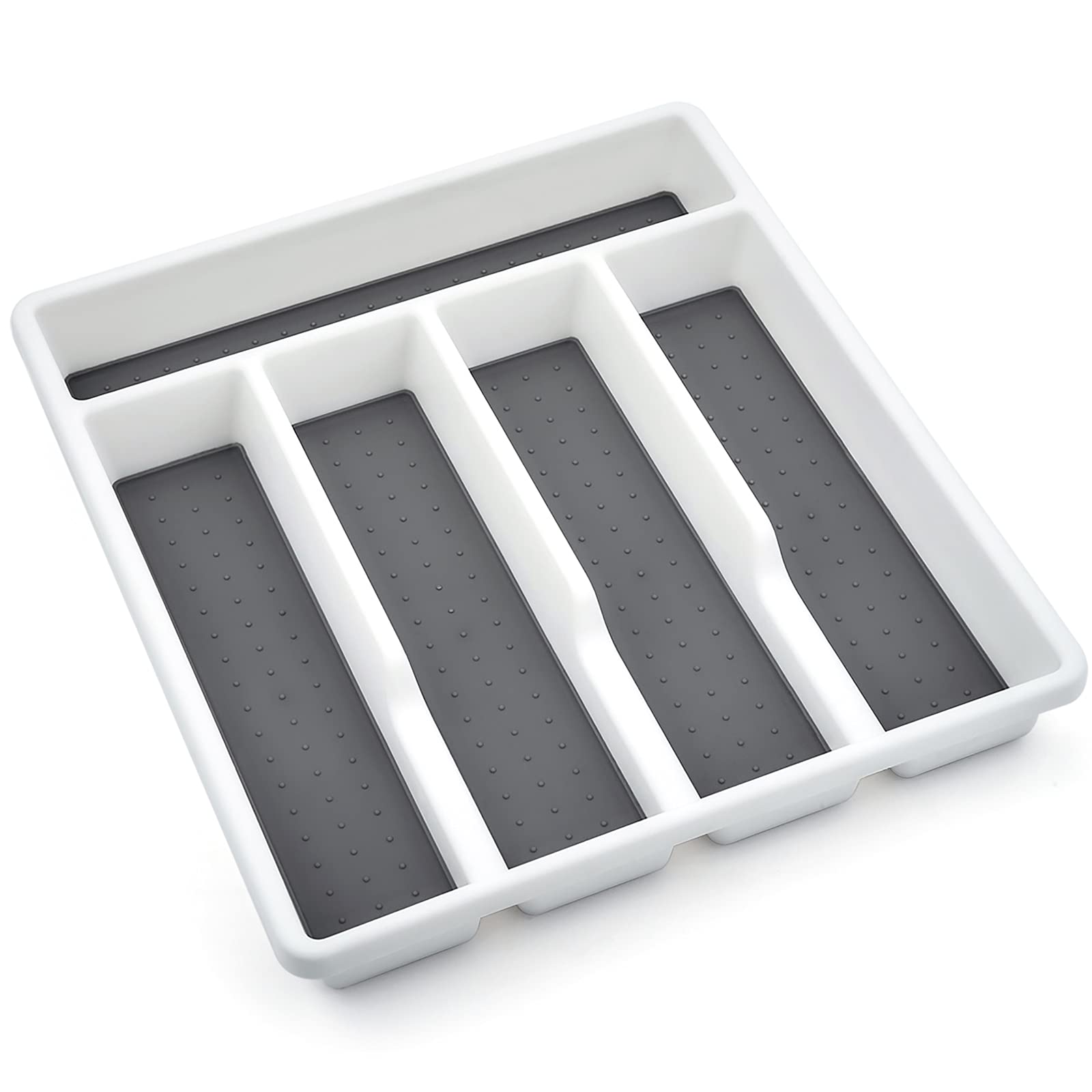 Joyfair Cutlery Tray, Plastic Drawer Organiser/Divider, 5 Compartments Utensil Tray, Heavy Gauge Silverware Holder, Kitchen/Office/Accessories, Anti-Slip Soft Base, White & Grey - 32.6x29cm