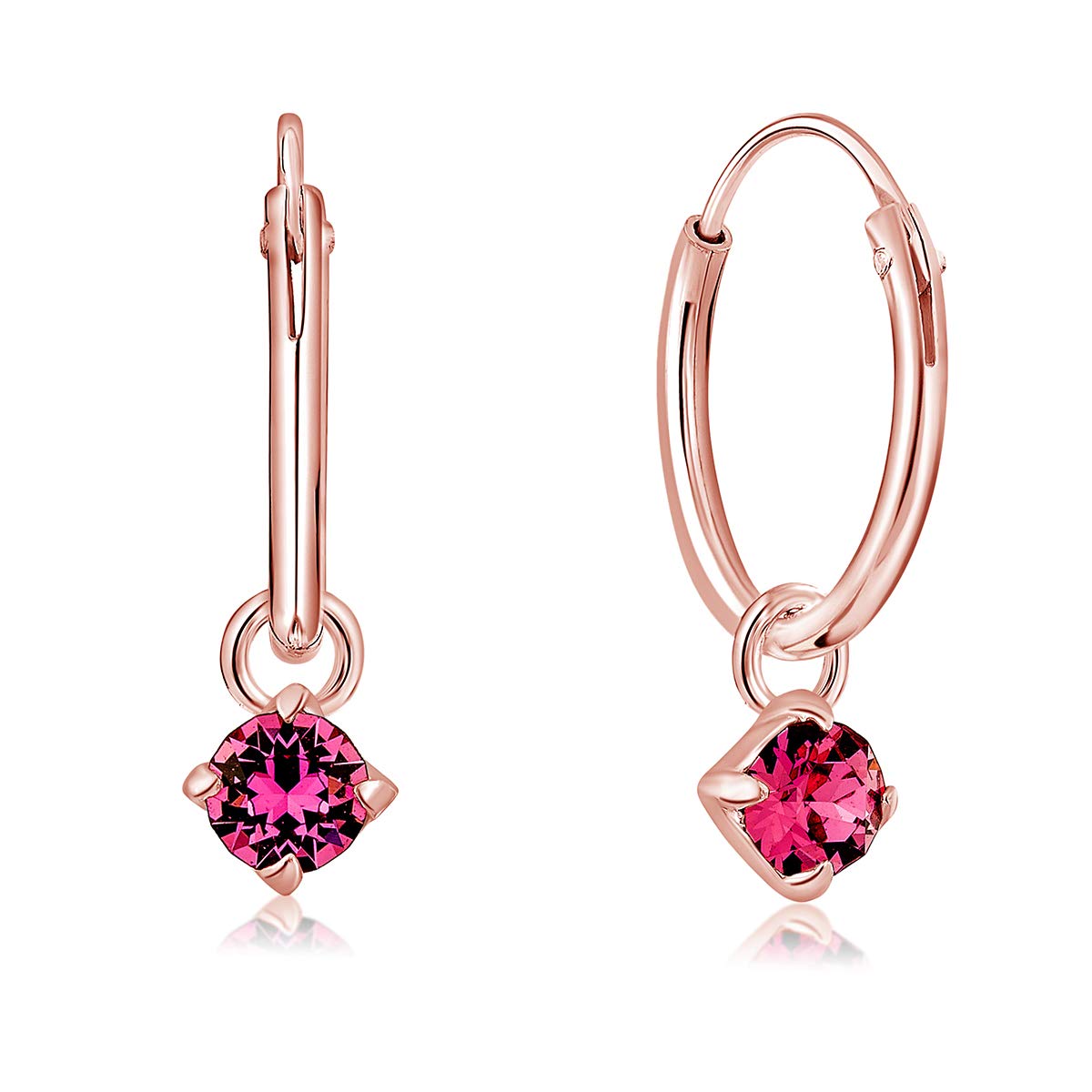 DTPsilver® 925 Sterling Silver Rose Gold Plated SMALL Hoops Earrings & Round Dangling 3 mm Crystals from Swarovski® Elements - Thickness 1.2 mm - Diameter: 12 mm - Colour : Rose