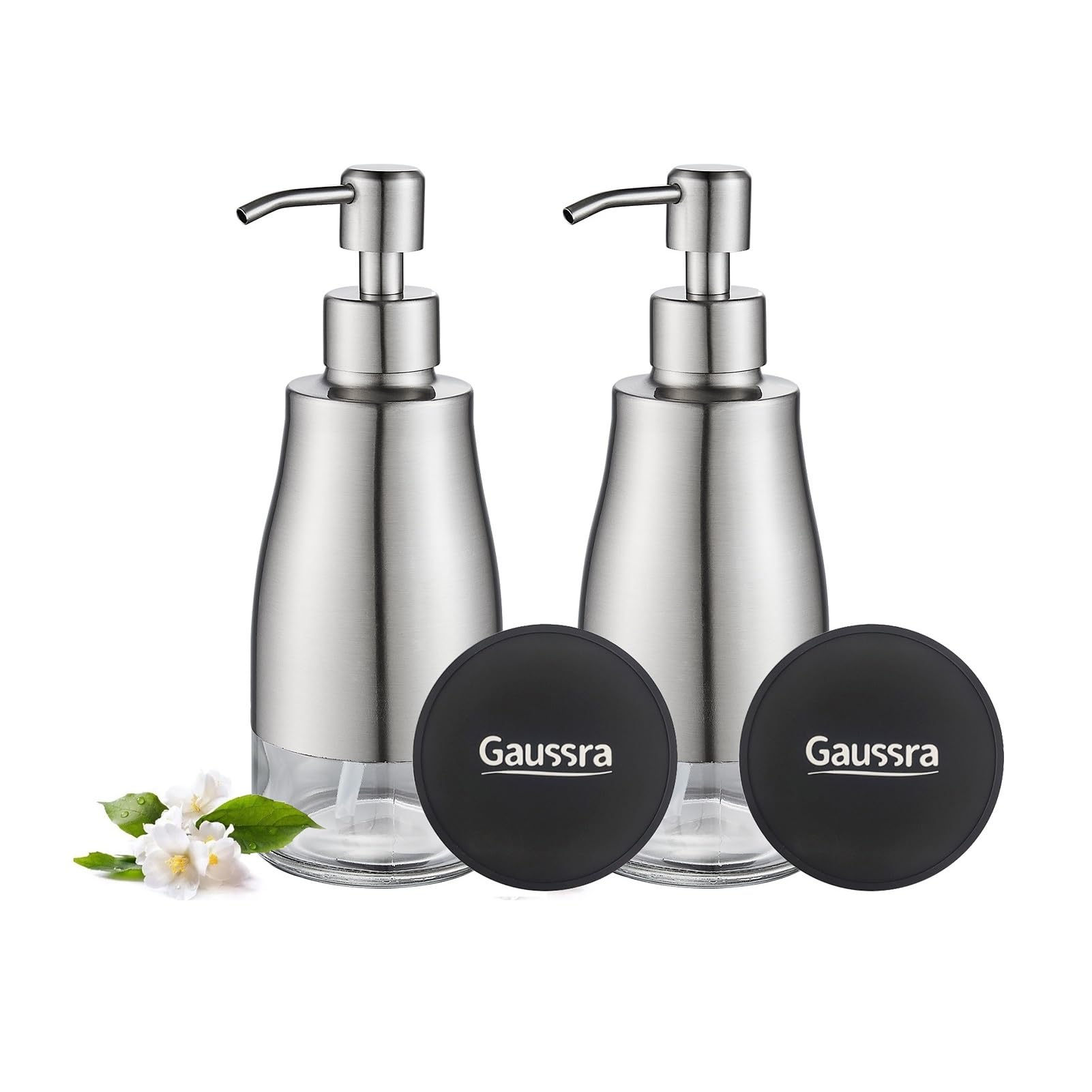 Photo 1 of Gaussra 2 Pack Soap Dispenser with Coaster and Stickers, Stainless Steel Case Glass Liner Hand Pump Dispenser, Refillable Liquid Hand Soap Dispenser for Bathroom & Kitchen - Brushed Nickel