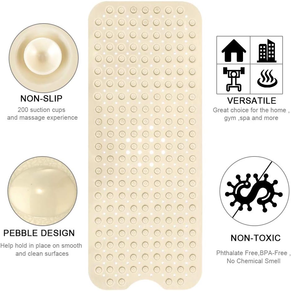 YINENN Bath Tub Shower Mat 40x16 Inch Non-Slip and Latex Free,Bathtub Mat with Suction Cups, Machine Washable Bathroom Mats with Drain Holes (Beige): Health & Personal Care