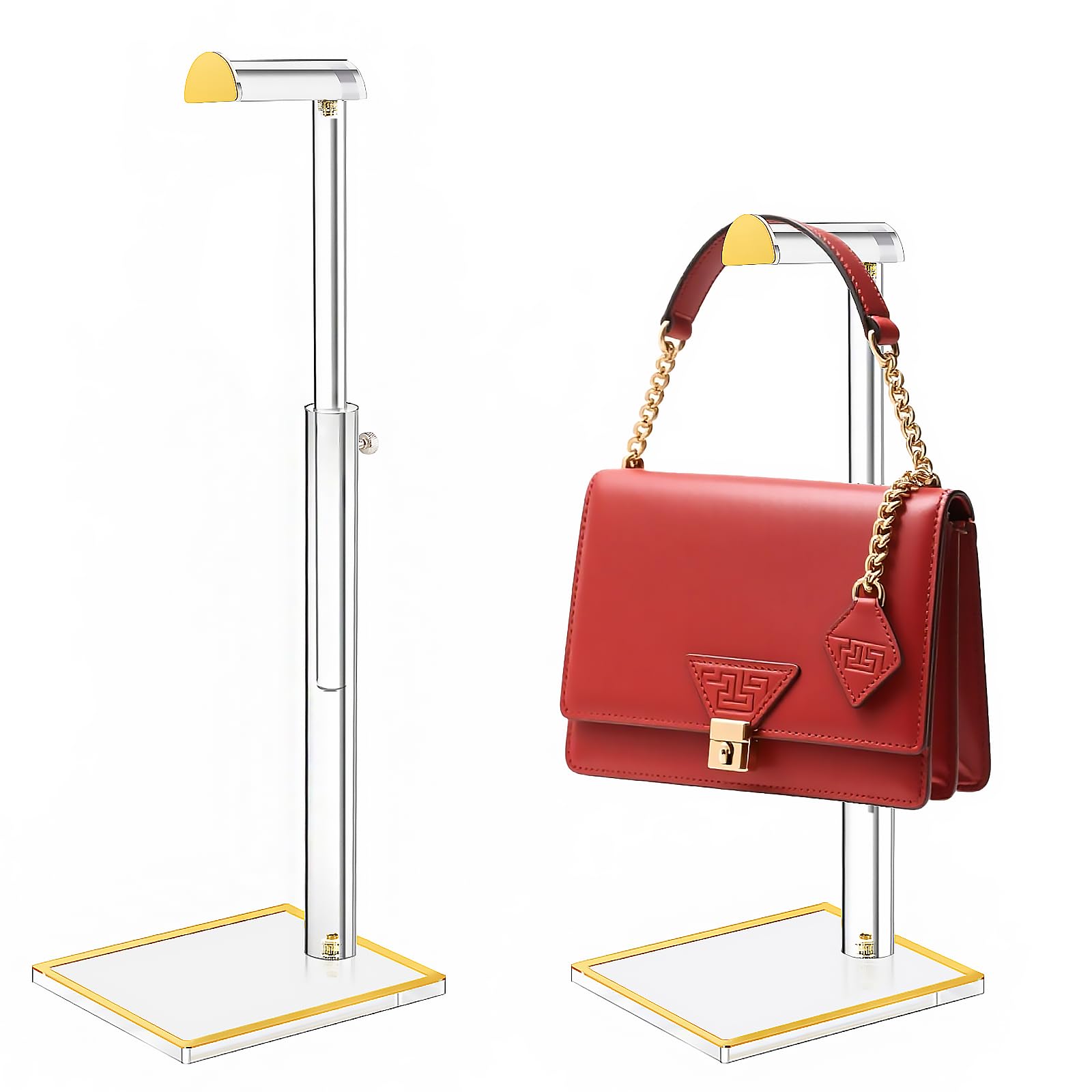 Photo 1 of 2 Pack Acrylic Handbag Display Stand, Gold Trim Clear Purse Holder 14"-24" Adjustable Height Thicken Anti-slip Base, Purse Rack Hanging Evening Bags Clutch Jewelry for Table Closet Retail Vendors
